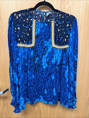 Blank London Anthropologie Womens Blue Printed Long-Sleeve Blouse with Gold Trim